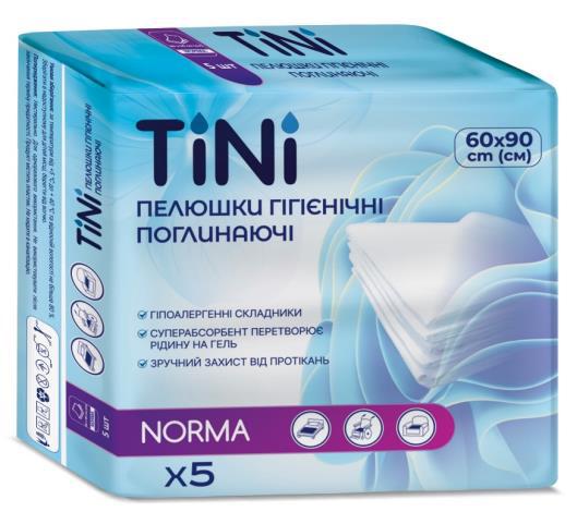 Пелюшки гігієнічні поглинаючі TINI NORMA, розмір: 60 cm (см) х 90 cm (см), 5шт/уп.